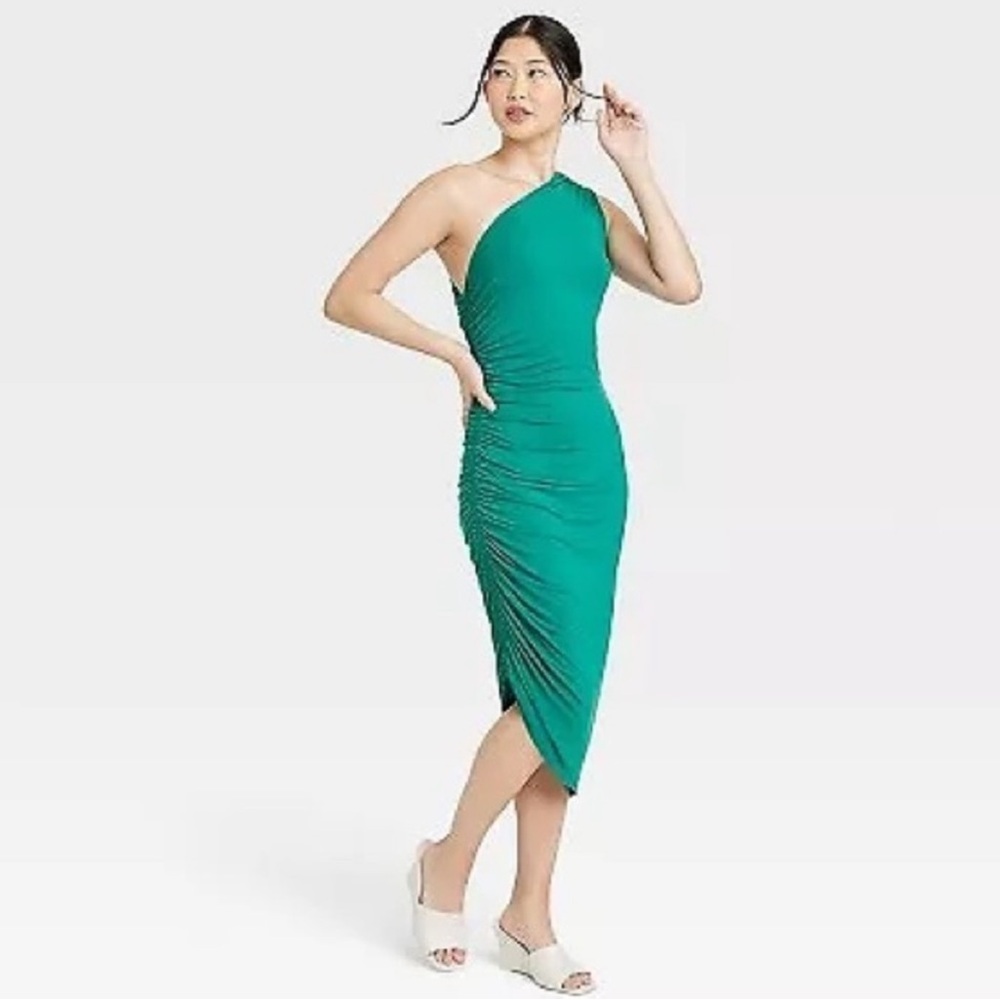 A New Day Women’s One Shoulder Side Rouged Green Midi Dress Size Medium